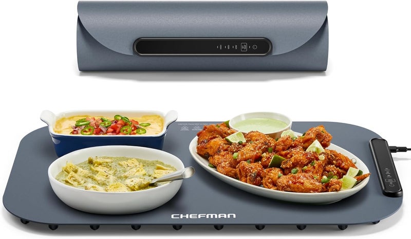 Chefman Roll n’ Go Food Warming Mat, Electric Warming Tray for Buffets, Parties, Holidays, 3 Temperature Settings, Easy-Clean Silicone Mat, Roll Up Food Warmers w/Storage Bag - Grey - Image 1